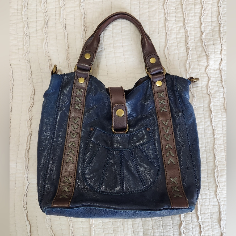 Lucky Brand Shoulder Bag in Excellent Condition, Navy Blue and Chocolate Brown